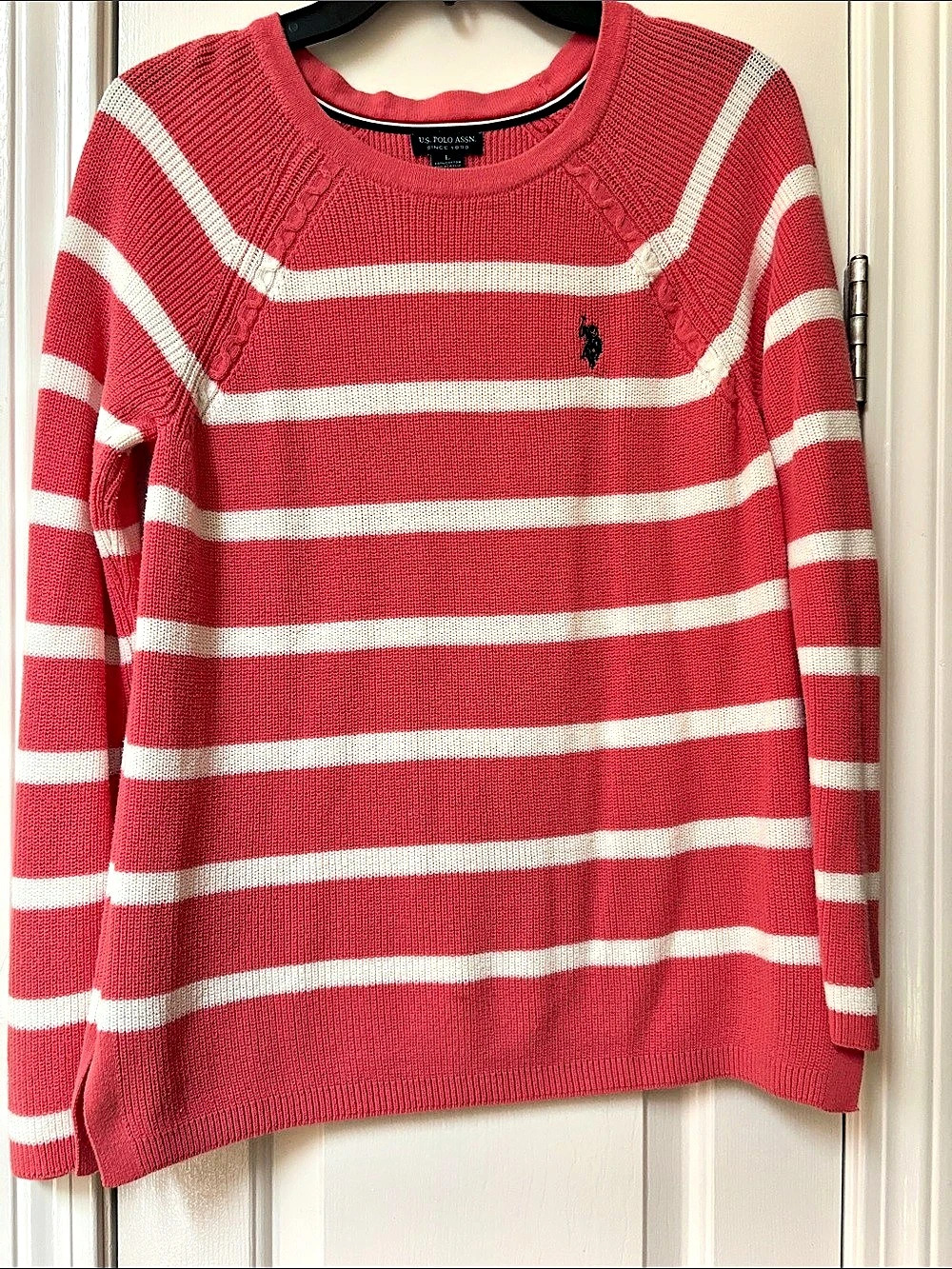 U.S. Polo Assn. Striped Crewneck Sweater in Coral & White Large